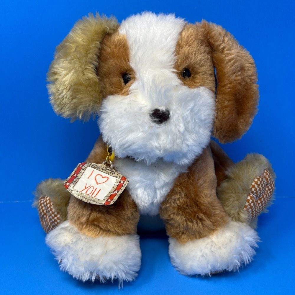 Avon Dog Plush 9 inch Brown White Vintage 1990 I Love You Tag Checkered Paws